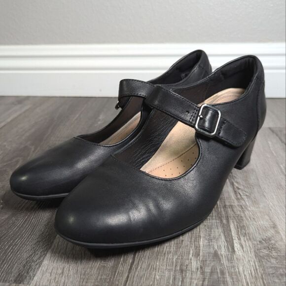 Clarks Linnae Walk Black leather block heel comfort strappy Mary Janes 9 - Picture 4 of 9